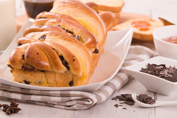 Brioche with chocolate chips. 