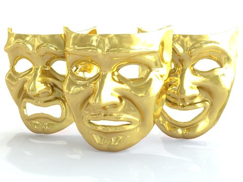 golden theatrical masks depicting emotions. 3d render