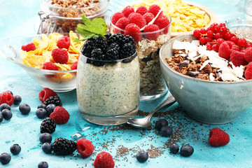 Cereal and ingredients for a healthy breakfast with chia pudding, granola, cornflakes and berries