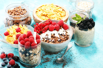 Cereal and ingredients for a healthy breakfast with chia pudding, granola, cornflakes and berries