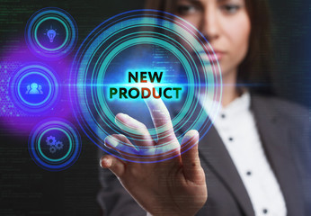 The concept of business, technology, the Internet and the network. A young entrepreneur working on a virtual screen of the future and sees the inscription: New product