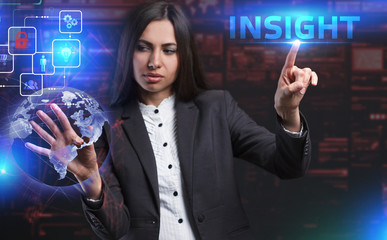 The concept of business, technology, the Internet and the network. A young entrepreneur working on a virtual screen of the future and sees the inscription: Insight