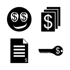 icon Currency with dollar, pay, financial document, bank key and character