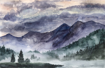 Hand drawn watercolor landscape. Norway, cold nature.