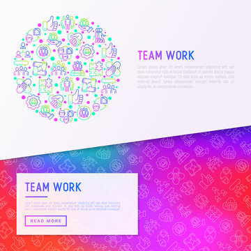 Teamwork concept in circle with thin line icons: group of people, mutual assistance, meeting, handshake, tug-of-war, cooperation, team spirit, cooperation. Vector illustration, web page template.