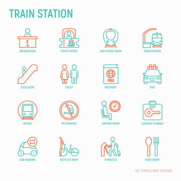 Train station thin line icons set: information, ticket office, toilet, taxi, metro, waiting room, luggage storage, turnstile, food court, no smoking, bicycles rent. Modern vector illustration.