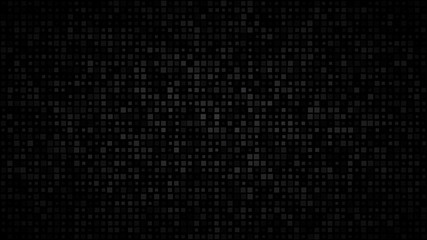 Abstract dark background of small squares or pixels in various sizes in shades of black and gray colors.