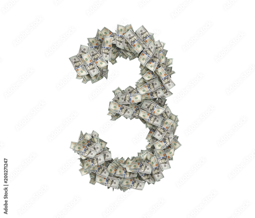 Poster 3d rendering of a large number 3 made of countless 100 dollar bills on a white background.