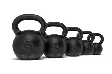 Fototapeta na wymiar 3d rendering of five black iron kettlebells in a single line with different weight stamps of 32, 24, 16, 12 and 8 kg.