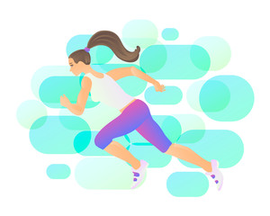 Running girl-athlete. Strength of women, health and activity, call to action and happiness.