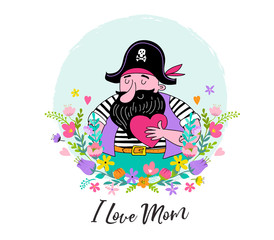 Happy Mother's Day Background, banner and illustration with pirate holding heart and flowers