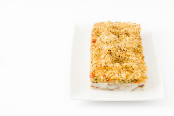 White fish casserole with cheese isolated on white background. Copyspace
