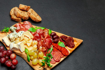Cold meat cheese plate with salami sausage, prosciutto and cheese