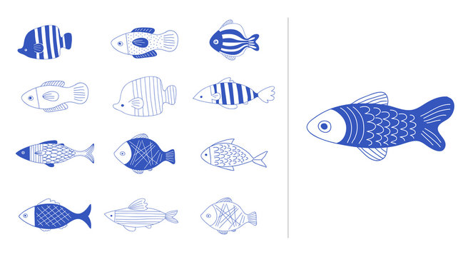 Simple, elegant and stylish collection of modern hand drawn fish illustrations, logos, design