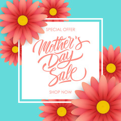 Mother's Day Sale special offer template for business, promotion and advertising. Calligraphic lettering text design and blossom flowers. Vector illustration.