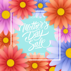 Mother's Day Sale special offer banner template for business, promotion and advertising. Calligraphic lettering text design and floral decor. Vector illustration.