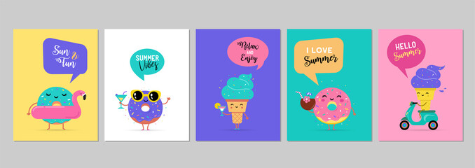 Fototapeta premium Sweet summer - cute ice cream, watermelon and donuts characters make fun