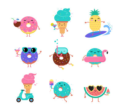 Sweet summer - cute ice cream, watermelon and donuts characters make fun