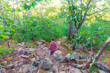 boy on a mountain hike. the child descends from the mountain