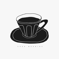 Hand drawn cup of coffee illustration. Doodle cafe logo design