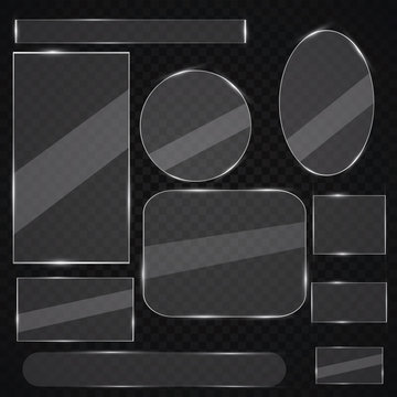 Glass plates set. Vector glass banners on transparent background. Glass mirror, transparent.