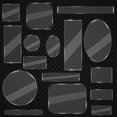 Glass plates set. Vector glass banners on transparent background. Glass mirror, transparent.