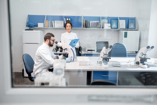 View Through The Window On The Laboratory Office With Medics Working With Microscope