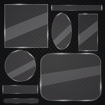 Glass plates set. Vector glass banners on transparent background. Glass mirror, transparent.