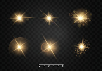 Set. Shining star, the sun particles and sparks with a highlight effect, color bokeh lights glitter and sequins. On a dark background transparent. Vector, EPS10 - obrazy, fototapety, plakaty