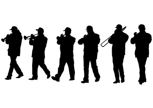 Military musicians on parade on white background