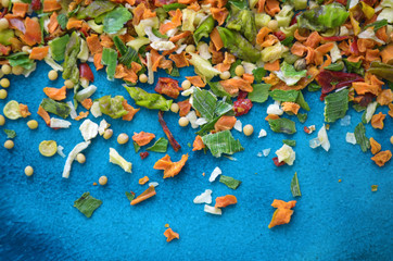 Spices 10 different vegetables on a blue background