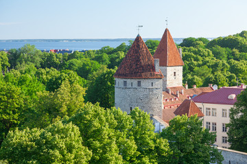 View of the park and two towers of the old Tallinn