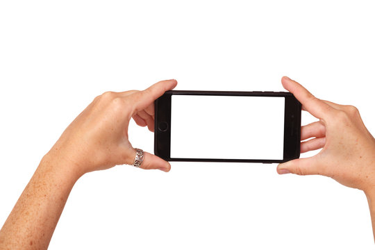Hands holding a smartphone. White screen. White background