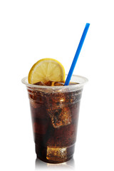 Cola with lemon in takeaway plastic cup isolate on white background with path.cocktail