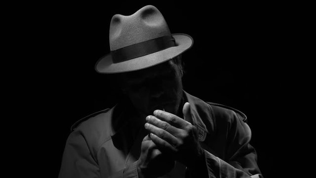 Noir detective smoking a cigarette in the dark