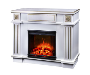 modern decorative electric fireplace with a beautiful burning flame, isolated photo on a white background