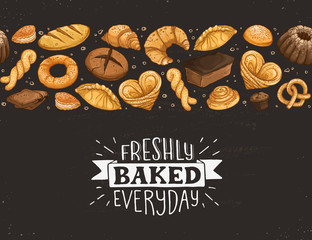 Freshly Baked everyday lettering. Horizontal border composition from hand drawn bread. Vector illustration for bakery shops isolated on white background. Fresh bread banner concept.