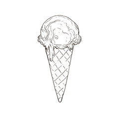 Hand drawn ice cream sketches isolated on white background. Icecream scoop in waffle cone in line art style. Vector illustration.