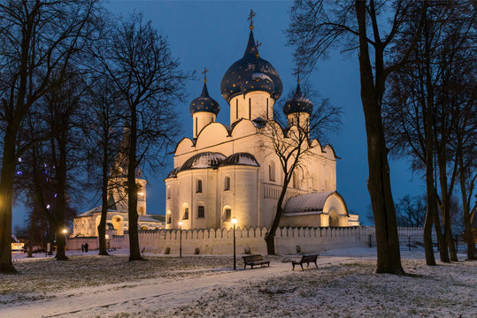 Suzdal, Russia. Nativity Cathedral of Suzdal Kremlin at night in spring