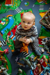 Beautiful little boy, smiling at camera, animals and dinosaurs around him, indoor shot