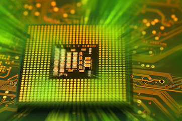 Close up of CPU Computer Processor over electronic circuit board