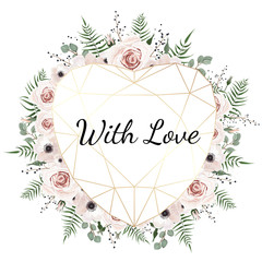 Valentines card on white background with trending polygonal heart and spring flowers