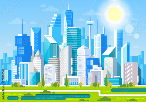 Cityscape With Buildings Private Houses Parks And Mountains