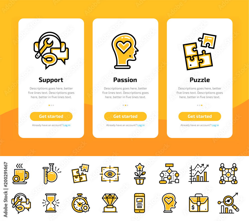 Poster onboarding app screens of startup business icons set. suitable for interface ui, ux, mobile apps, we