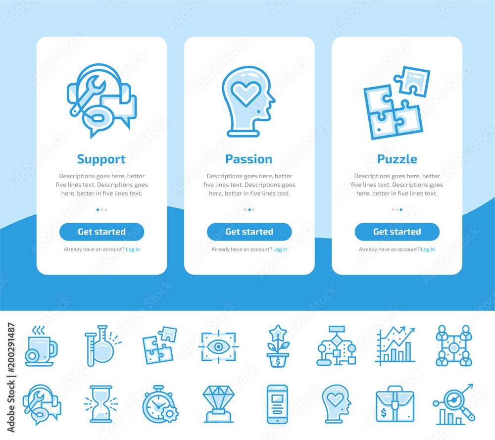Poster onboarding app screens of startup business icons set. suitable for interface ui, ux, mobile apps, we