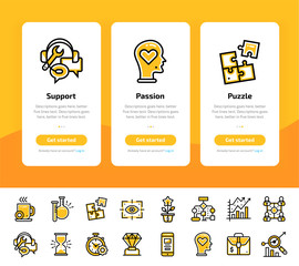 Onboarding app screens of startup business icons set. Suitable for Interface UI, UX, mobile apps, websites.