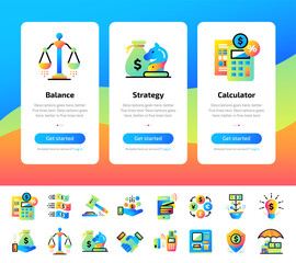 Onboarding app screens of finance, banking icons set. Suitable for Interface UI, UX, mobile apps, websites.
