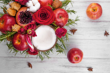 Fruit bouquet  with apples, roses and pomegranate.
