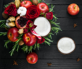 Fruit bouquet  with apples, roses and pomegranate.