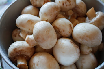 Champignon mushrooms, sacking mat and spices on wooden background